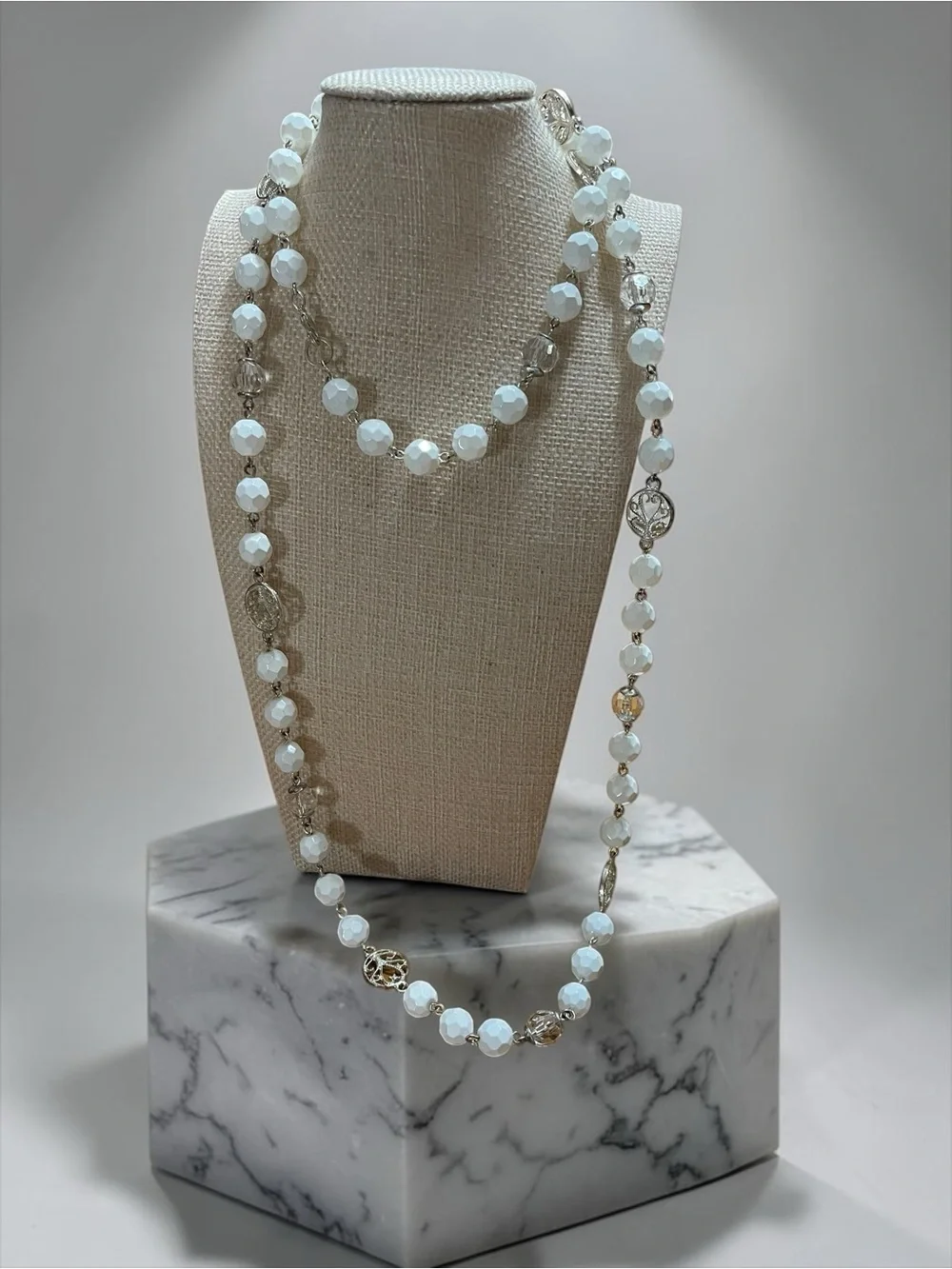 Long White Faceted Glass Crystal Medallion Silver Tone Station Necklace